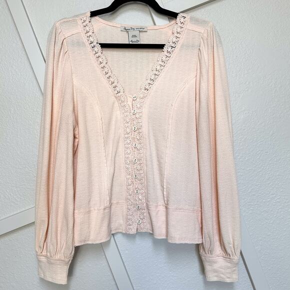 American Rag Waffle Knit Button Up Lace Top Balloon Sleeve Y2K Style Shirt Sz: L - Picture 1 of 7